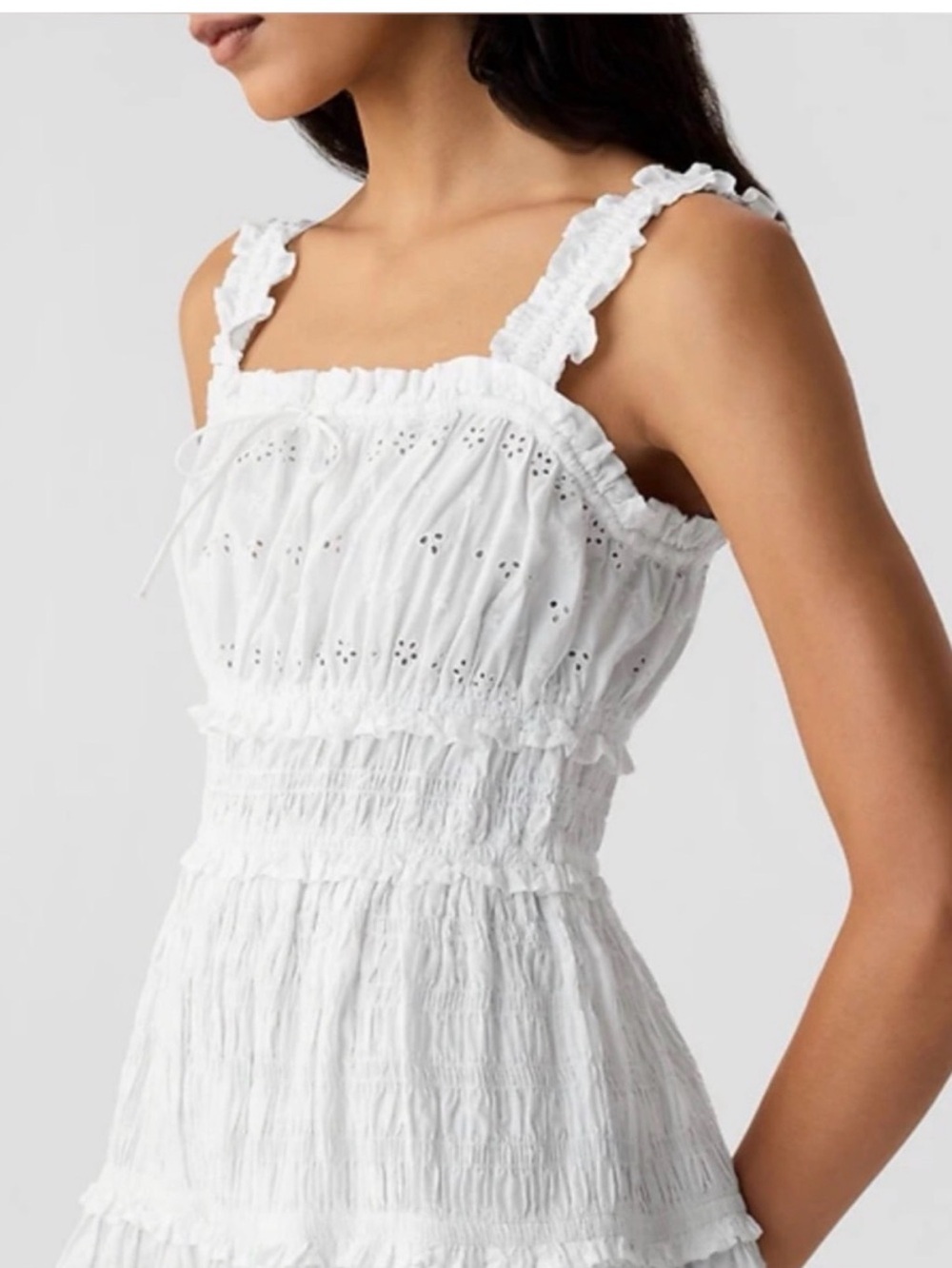 GAP x DÔEN Eyelet Midi Dress White Smocked Cotton Tiered Large NWT - Picture 7 of 10